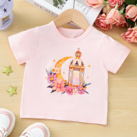 Toddler Girls' Ramadan Short-sleeved T-shirt With Moon And Rose Pattern, Suitable For Summer  Pink