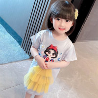 Girls Summer and Autumn Clothes 2023 Western Style Korean Style Mid-Length T-Shirt Skirt Girls Short-Sleeved Cotton Top T-Shirt  Blue