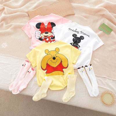 Newborn half-sleeved baby clothes for men and women, cartoon printed triangle romper for infants and young children, short-sleeved outing clothes, trendy