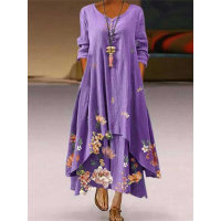 Children's Printed Irregular Hem Long Sleeve Dress  Purple
