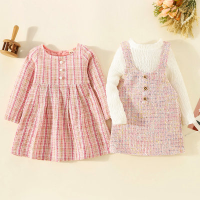 Brother and Sister Solid Color Long Sleeve Top & Plaid Tweed Suspender Dress & Matching Solid Color Long Sleeve Dress