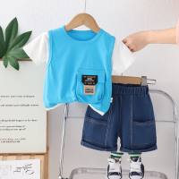 Boys summer short-sleeved suit 2024 new baby children's clothing summer pocket clothes boy baby summer two-piece suit  Blue