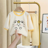 Summer children's long-sleeved trousers home clothes suits pure cotton underwear baby thin pajamas pajamas air-conditioning clothes  Yellow
