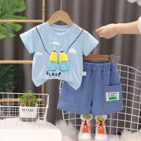 Boys summer suits 2024 new style for little boys, bear summer clothes, children's short-sleeved two-piece suits  Light Blue
