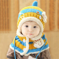 2-piece Toddler Girl Pure Cotton Striped 3D Star Button Decor Wool-lined Knitted Hat & Matching 3D Hand-shaped Decor Scarf  Light Blue