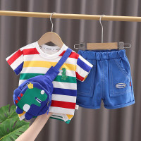 Boys' new summer set, young children, fashionable striped dinosaur bag, short-sleeved three-piece set, trendy style with bag  Blue