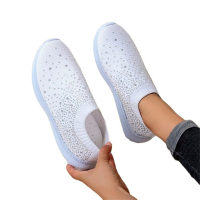 Rhinestone elastic socks shoes casual women's sports shoes MD bottom flying woven breathable light shoes  White