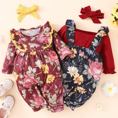 Brother and Sister Allover Floral Pattern Ruffled Long-sleeved Long-leg Romper & Floral Patchwork Jumpsuit