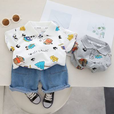 Full Print Cartoon Pattern Boys POLO Shirt Suit Casual Cute Children Suit Short Sleeve Shorts Two-piece Suit Toddler