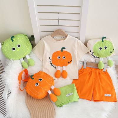 New style baby boy suit three-dimensional pumpkin messenger bag short-sleeved suit summer boy suit