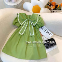 Girls summer new style baby dress fashionable simple western style little girl bow collar puff sleeve princess dress  Green