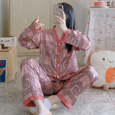 Conjunto de pijama de 2 piezas con estampado de seda helada para mujer