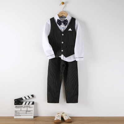 5-piece Toddler Boy Solid Color Shirt & Striped V-neck Button-up Vest & Striped Straight Pants & Bowtie & Belt