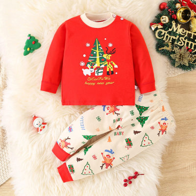 2-piece Toddler Christmas Pattern Printed Long Sleeve Top & Matching Pants
