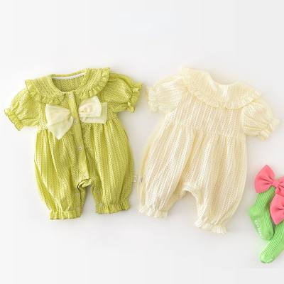 Babyoverall für Mädchen mit Schleifen, klein und frisch, Sommerausflug-Kurzarm-Strampler für Neugeborene, koreanischer Prinzessinnenstil