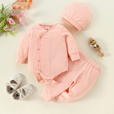 Baby Solid Color Button Frront Long-sleeve Romper & pants With Hat
