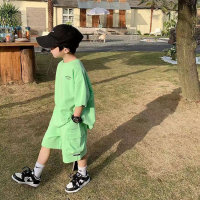 Men's and women's suits summer thin sports suits 2023 new middle-aged children's T-shirt five-quarter pants casual Korean style two-piece set  Green