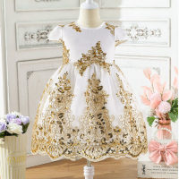 Toddler Girl's Gorgeous Elegant Style Golden Lace Ramadhan Dress  Gold-color