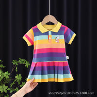 Baby girl summer dress 1-2-3 years old 4 girls fashionable summer dress infant lapel striped short-sleeved pleated skirt  Red
