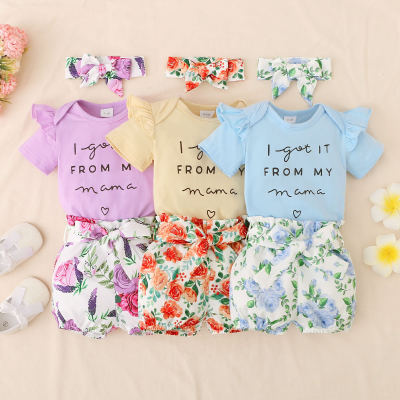 Baby Girl Letter Pattern Bodysuit & Floral Shorts & Headband