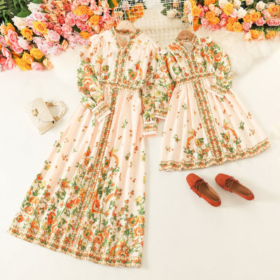 Elegant Floral Print Long Sleeve Dress for Mom and Me