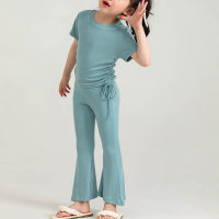 Girls short-sleeved suits summer new style solid color baby bell-bottom pants thin casual two-piece suit  Blue