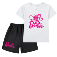 Barbie The Movie Barbie Heart Print Cartoon Short-sleeved T-shirt + Shorts Set for Middle and Large Boys and Girls  White