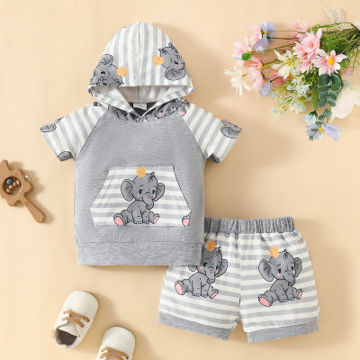 2024 Summer Infant and Toddler New Striped Short Sleeve Printed Hooded Pullover Pocket Top Striped Shorts Set