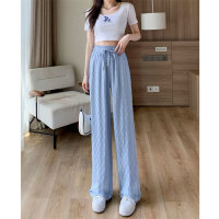 Women's solid color ice silk casual wide-leg pants  Blue
