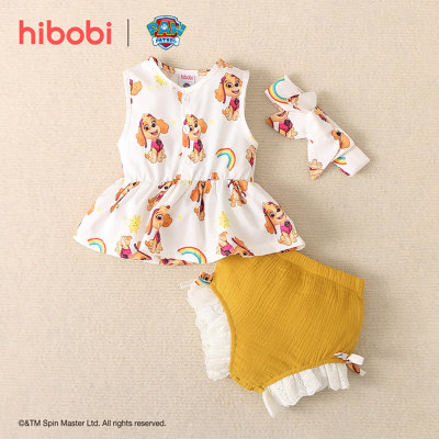 hibobi×PAW Patrol Baby Girl Camiseta com estampa de desenho animado, shorts e faixa de cabeça