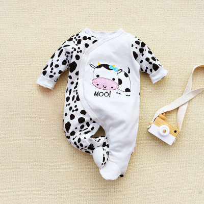 Baby Pure Cotton Cow Pattern Footed Long-sleeved Long-leg Romper
