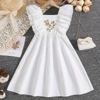 فستان بناتي صيفي أبيض مطرز للأطفال المتوسطين والكبيرين فستان أميرة حلو وجذاب متقدم وبسيط  أبيض