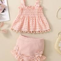 Cotton mesh high temperature dyed apricot lace hanging baby shirt and shorts for baby girls fashion two-piece suit  Pink
