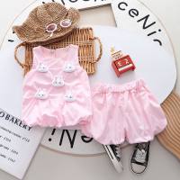 Summer new arrivals, cute street-rocking five-dimensional rabbit head vest shorts suit for small and medium-sized children, fashionable girls summer suit  Pink