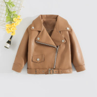 Toddler Girl Solid Color Lapel Zip-up Leather Jacket  Coffee