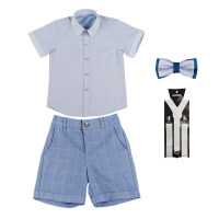 2-piece Kid Boy Solid Color Bowtie Decor Short Sleeve Shirt & Plaid Suspender Shorts  Blue