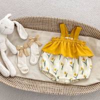 Summer gauze jumpsuit infant and toddler sleeveless suspender belt baby girl tulip print bag fart jumpsuit crawling suit  Yellow