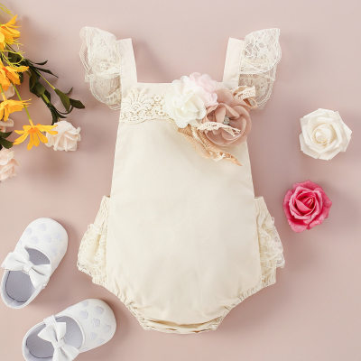 Baby Girl Embroidered Decorative Beads Floral Pattern Lace Decor Bodysuit