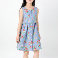 Kid Girl Pure Cotton Allover Floral Printed Sleeveless Denim Dress  Blue