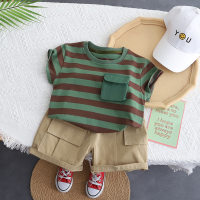 Boys summer suits new style children's striped t-shirt color matching children's overalls two-piece suit  Green