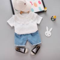 Summer new style girls hollow lace short-sleeved suit baby girl casual denim shorts two-piece set dropshipping  White