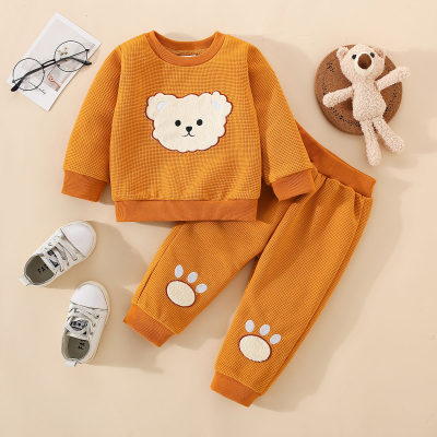 2-piece Baby Ribbed Bear Pattern Sweatshirt & Pants
