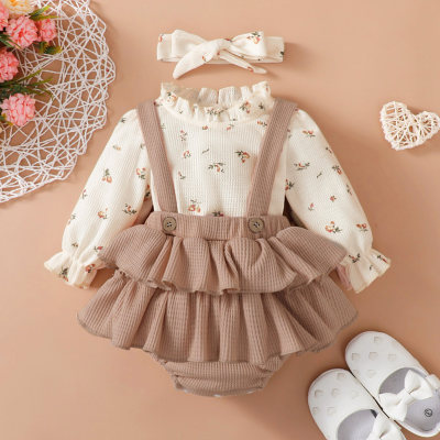 Baby Girl Floral Ruffle Sleeve Top & Suspender Tiered Skirt With Headband