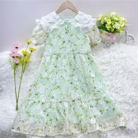 فستان بناتي على الطراز الكوري فستان صيفي قصير الأكمام للأطفال المتوسطين والكبيرين تنورة الأميرة العصرية للفتيات  أخضر