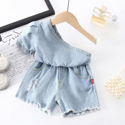 Toddler Girl Edgy Solid One Shoulder Jeans Top & Shorts