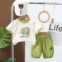 2024 summer new boys cartoon round neck short-sleeved suit baby boy casual shorts two-piece suit Maillard  Green