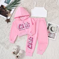 3pcs Set  Girl's Sporty Style Pink Hooded Sweater With vest And Trousers Sets  Pink