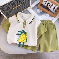Boys' New Summer Suit Cartoon Short-sleeved Crocodile Polo Shirt Children's Solid Color Shorts Fashionable Children's Clothing Two-piece Suit  Green
