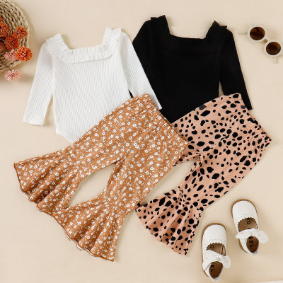 2-piece Baby Girl Solid Color Ribbed Square Neck Romper & Leopard Print Flare Pants