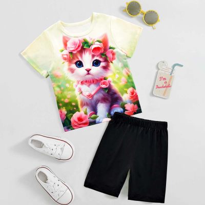 Baby Girl Casual Cat Pattern Short Sleeve Tops And Shorts Set For Spring And Summer